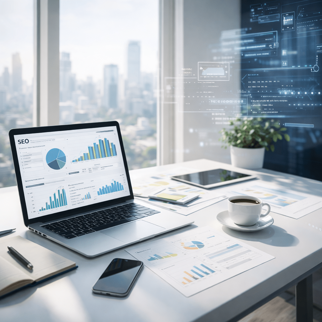 Espace de travail numérique moderne avec dashboard SEO